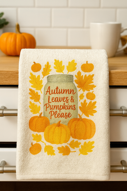 Autumn Leaves & Pumpkins Please Hand Towel- Rustic Fall Decor