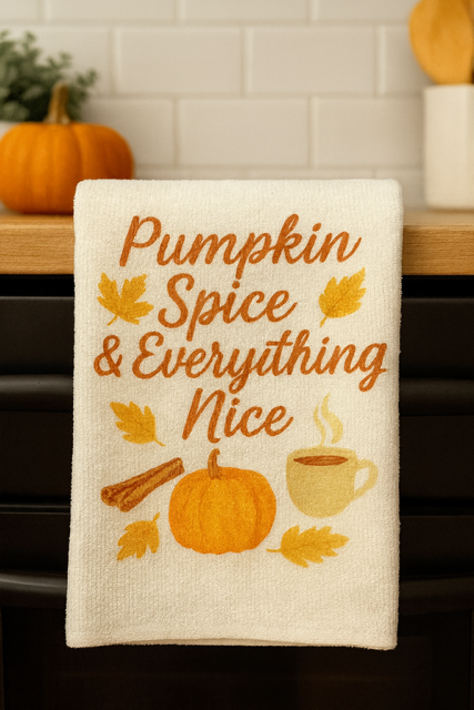 Pumpkin Spice & Everything Nice Hand Towel- Autumn Decor with Pumpkin & Fall Leaves