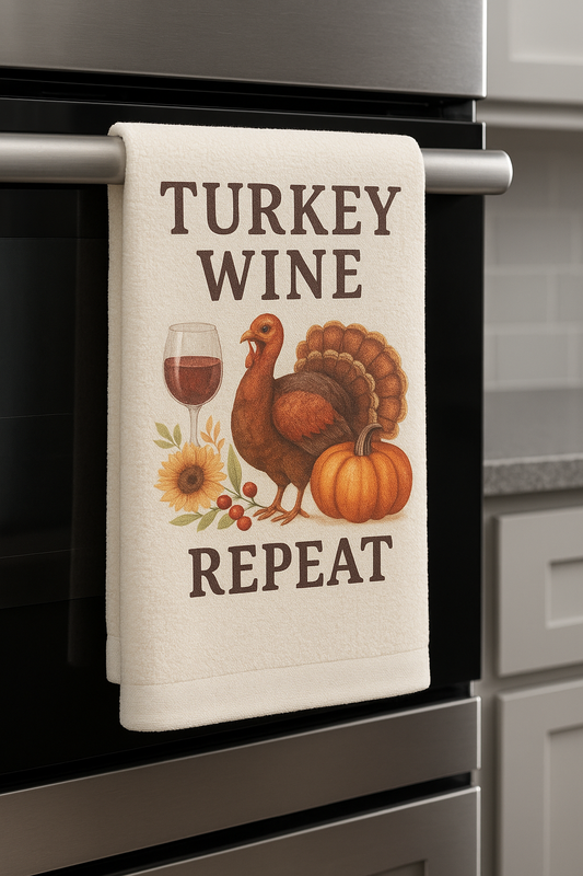 Turkey Wine Repeat Thanksgiving Tea Towel